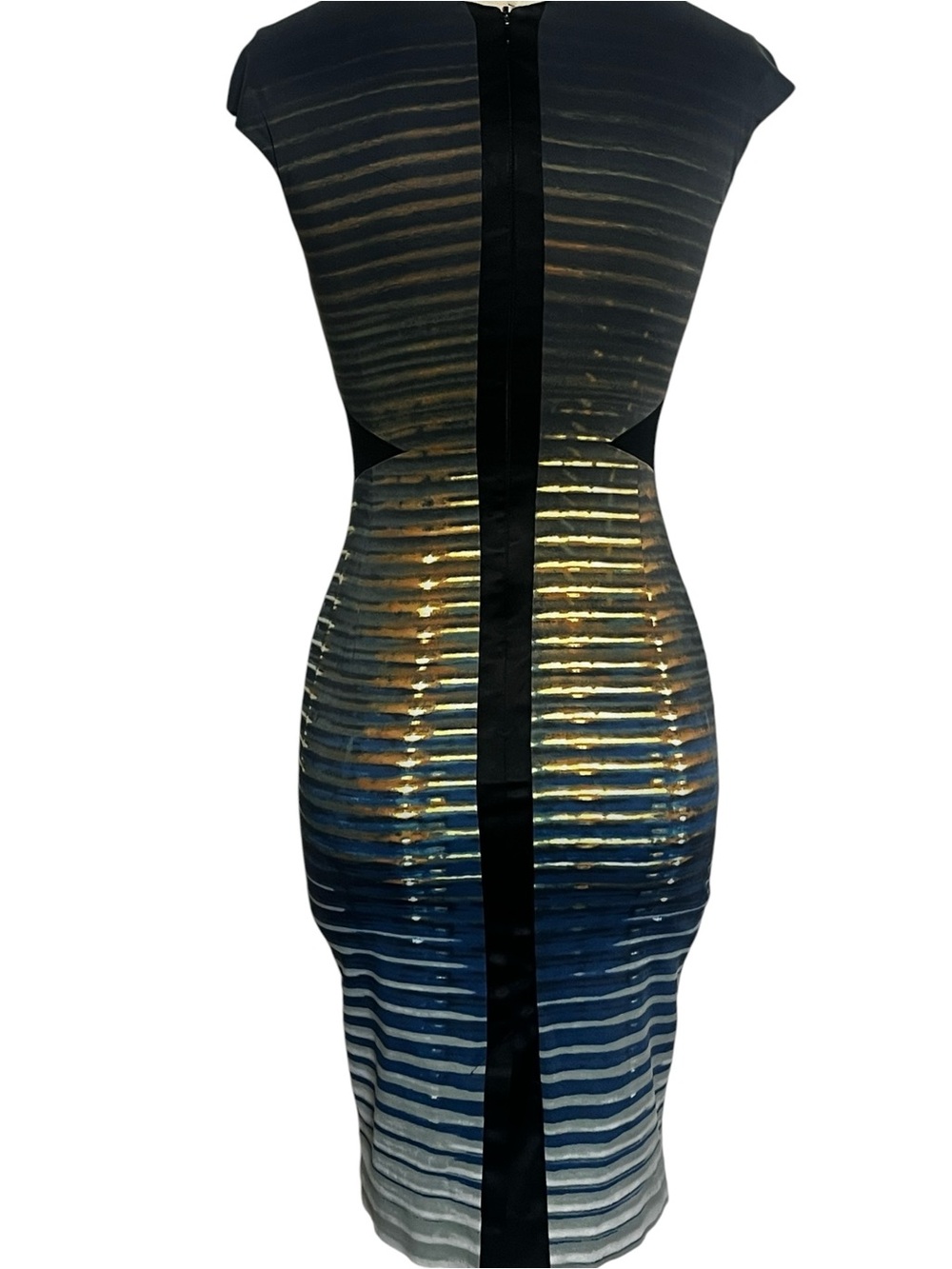 Karen Millen Abstract Ombre Stripe Bodycon Pencil Dress Blue Gold US 4 - Picture 6 of 12
